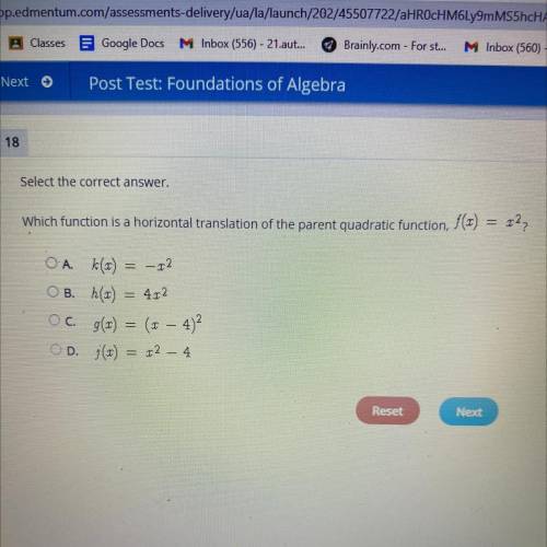 Select the correct answer.

Which function is a horizontal translation of the parent quadratic fun
