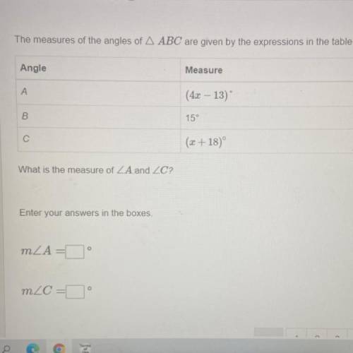 The measures of the angles of A ABC are given by the expressions in the table.

Angle
Measure
A
(4