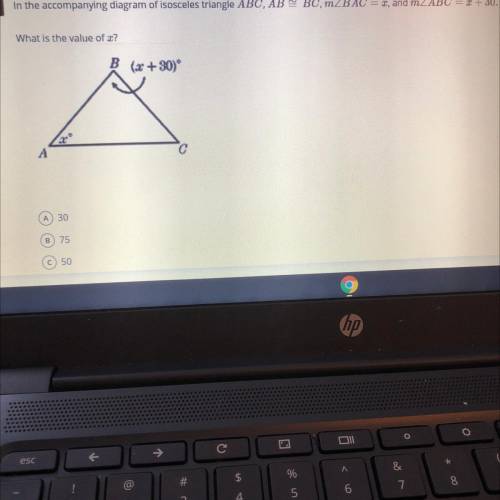 In an isosceles triangle what is the value of x