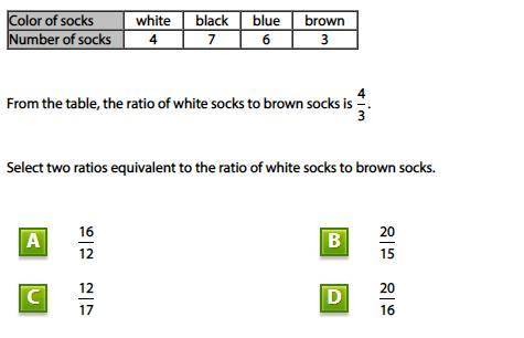 Select two ratios equivalent to the ratio of white socks to brown socks. pls help