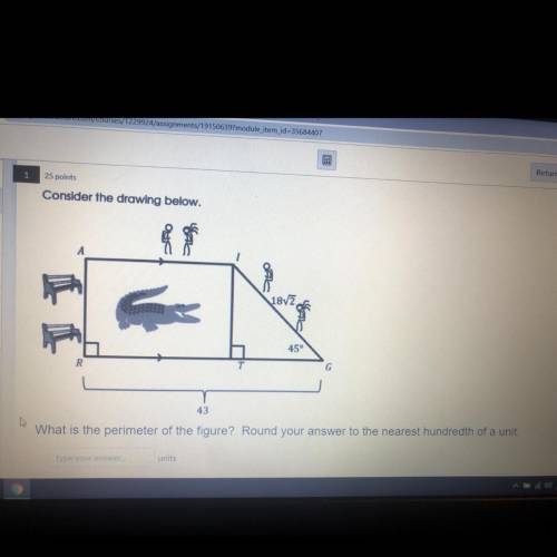 Consider the drawing below. What is the perimeter of the figure? Round your answer to the nearest h