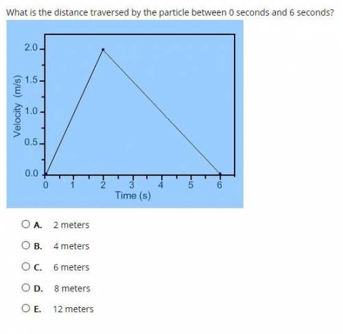 What is the distance traversed by the particle between 0 seconds and 6 seconds?

A.
2 meters
B.
4