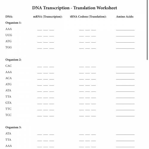DNA transcription- Translation Worksheet 
please help!!
