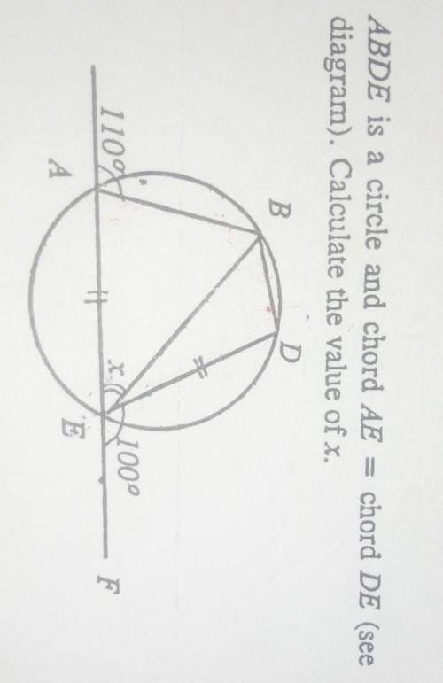 27. ABDE is a circle and chord AE = chord DE (seediagram). Calculate the value of x.