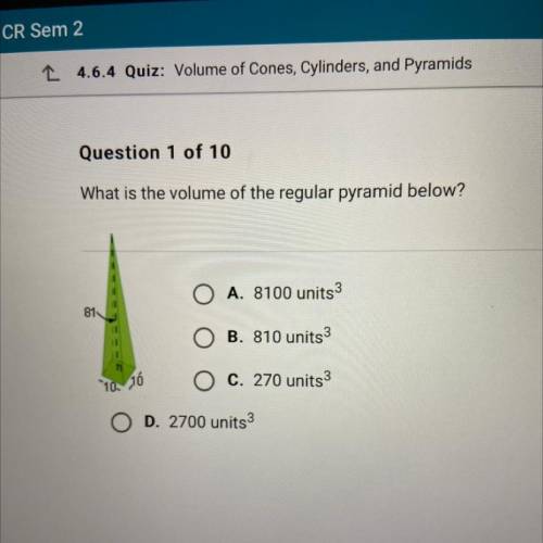 What is the volume of the regular pyramid below?

A. 8100 units3
B. 810 units3
c. 270 units3
D. 27
