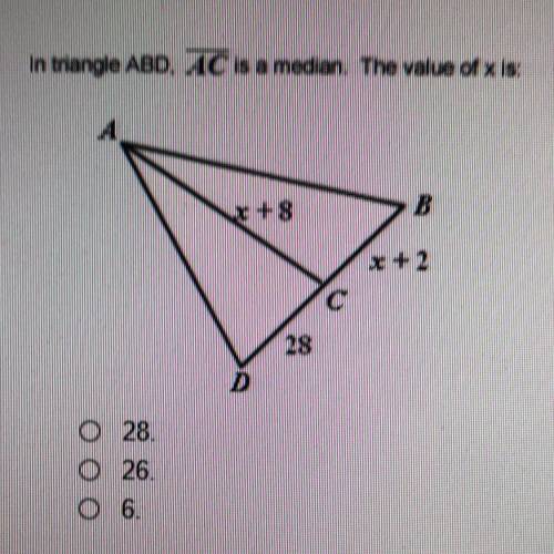 In triangle ABD, AC is a median. The value of x is