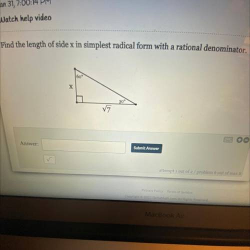 Find the length of side x in simplest radical form with a rational denominator.

60°
x
30°
17 
Hel
