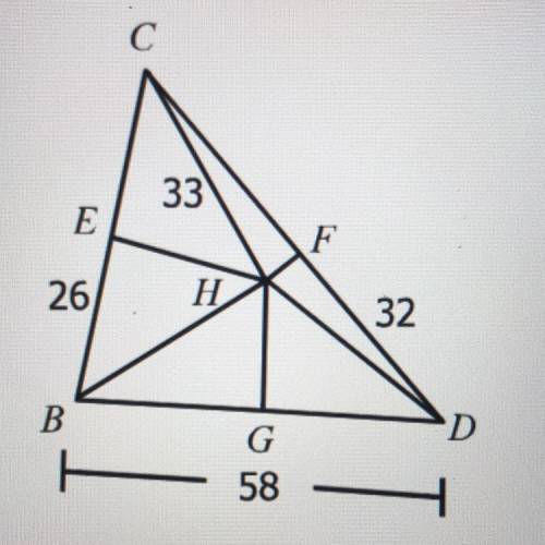 If H is the circumcenter of triangle BCD, find each measure. CD, CE, HD, GD, HG, HF
