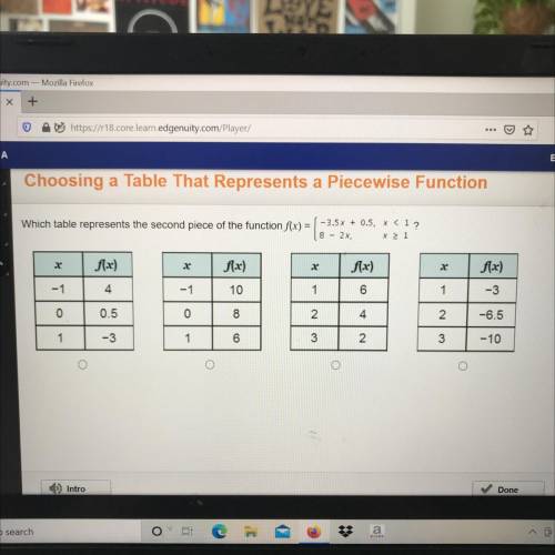 Which table represents the second piece of the function