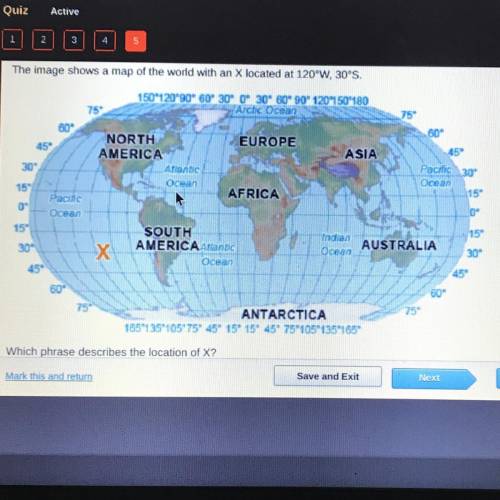 The image shows a map of the world with an X located at 120°W, 30°S which phrase describes the loca