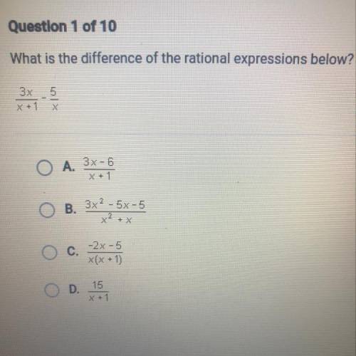 What is the difference of the rational expressions below? 3x/x+1 minus 5/x