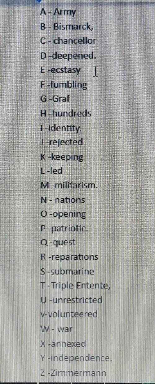 Make a shott paragraph about world war 1 using 7 of these words plz helpppppppppppppp