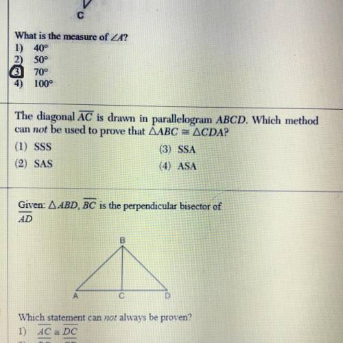 The diagonal AC is drawn in parallelogram ABCD. Which method

can not be used to prove that AABC =