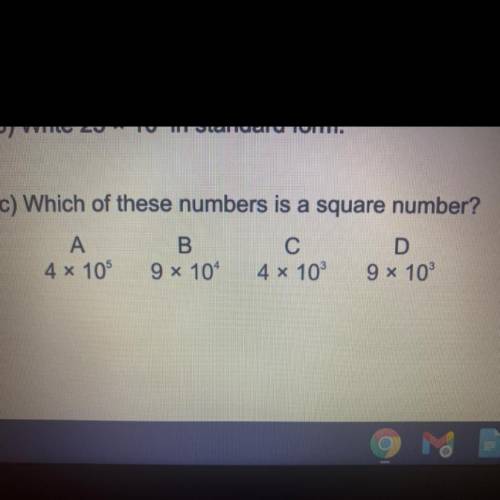 C) Which of these numbers is a square number?

А. 4 x 10^5
B. 9 x 10^4
C. 4 x 10^3
D. 9 x 10^3
