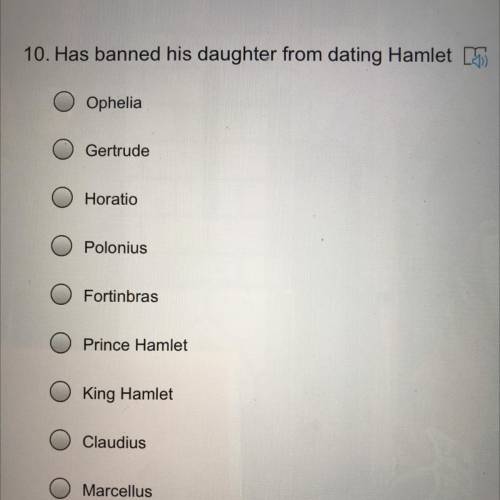 10. Has banned his daughter from dating Hamlet (1)

Ophelia
Gertrude
Horatio
Polonius
Fortinbras
P