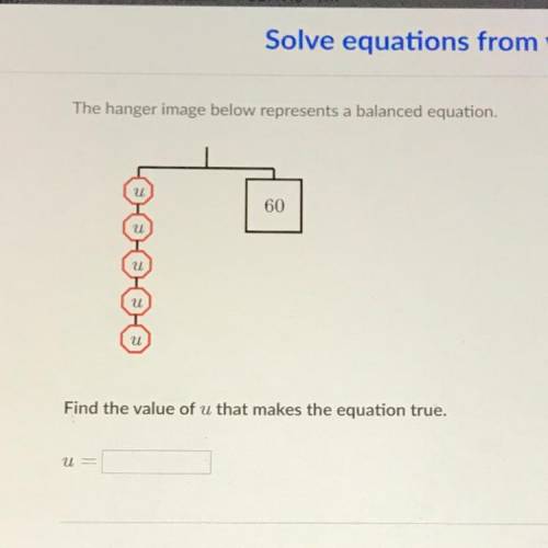 The hanger image below represents a balanced equation.

60
U
Find the value of u that makes the eq