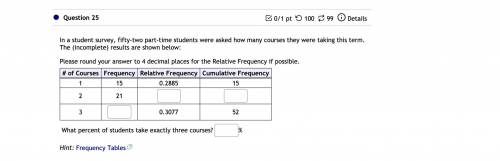In a student survey, fifty-two part-time students were asked how many courses they were taking this