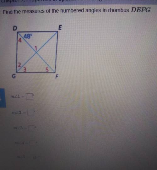 Find the measures of the numbered angles of rhombus DEFG