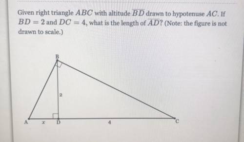 Given right triangle ABC with altitude BD drawn to hypotenuse AC. If

BD = 2 and DC = 4, what is t