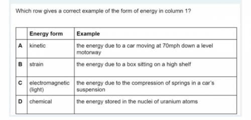 Which row gives a correct example of the form of energy in column 1?