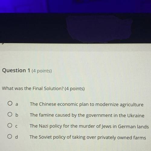 Help! Question 1 (4 points)

What was the Final Solution? (4 points)
a
The Chinese economic plan t