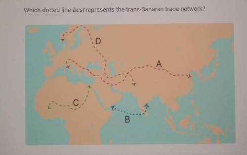 Which dotted line best represents the trans-Saharan trade network?

A. AB. DC. C D. B