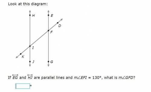 If EG and HJ are parallel lines and mEFI = 130°, what is mGFD?