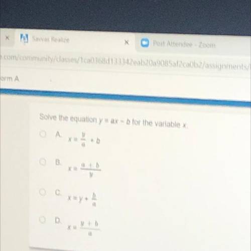 Solve the equation y=ax-b for the varible x