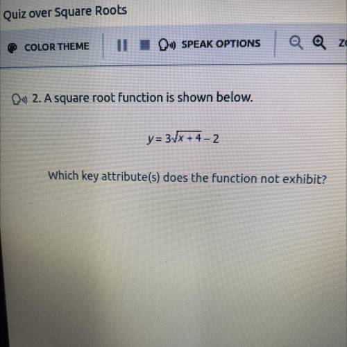 HELP!

A square root function is shown below.
y=3Vx+4-2.
Which key attribute(s) does the function