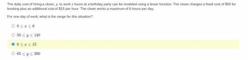 The daily cost of hiring a clown, y, to work x hours at a birthday party can be modeled using a lin