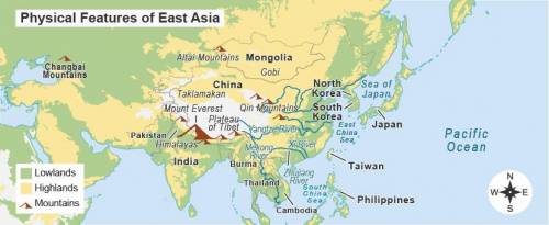 Read the map.

A map titled Physical Features of East Asia. A key shows Lowlands in green, Highlan