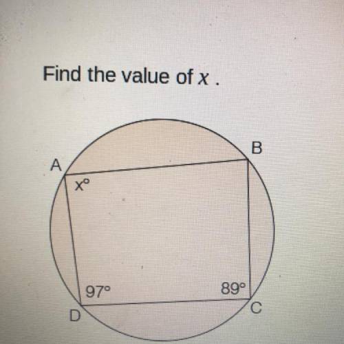 Find the value of x.
B
А.
to
97°
89°
С
D