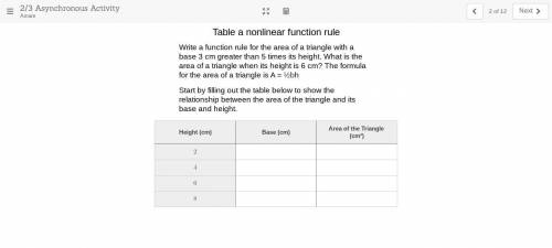 Write a function rule for the area of a triangle with a base 3 cm greater than 5 times its height.