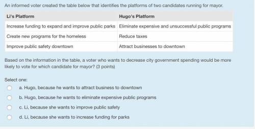 An informed voter created the table below that identifies the platforms of two candidates running f