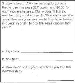 PLEASE HELP Jaycie has a vip membership to a movie theater, so she pays 27 a year and 6$ for each m