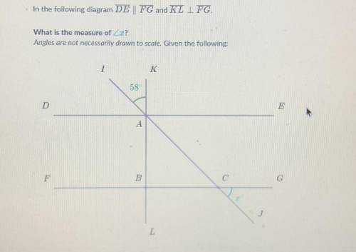 Image attached too!

In the following diagram DE \\ FG and KL | FG.
What is the measure of 
Angles