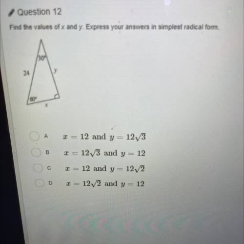 Find the values of x and y. Express your answers in simplest radical form.
