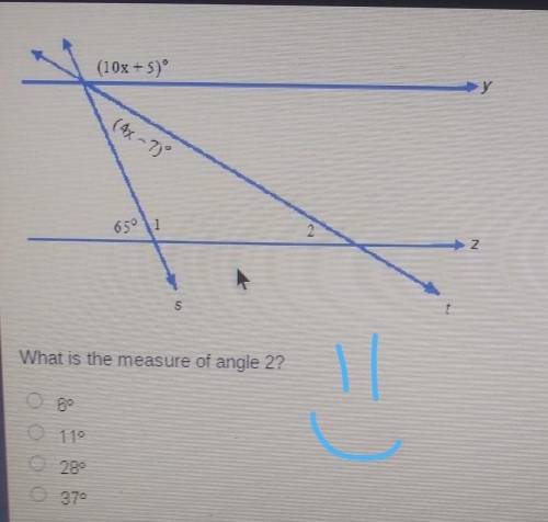 Lines y and z are parallel.  What is the measure of angle 2?