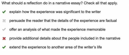 What should a reflection do in a narrative essay? Check all that apply.

explain how the experienc