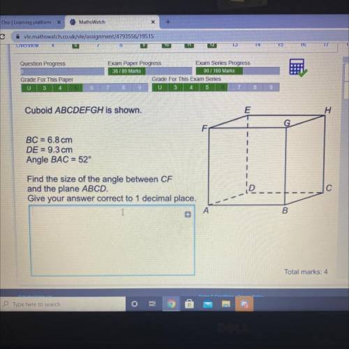 Cuboid ABCDEFGH is shown.

BC = 6.8 cm
DE = 9.3 cm
Angle BAC = 52°
Find the size of the angle betw