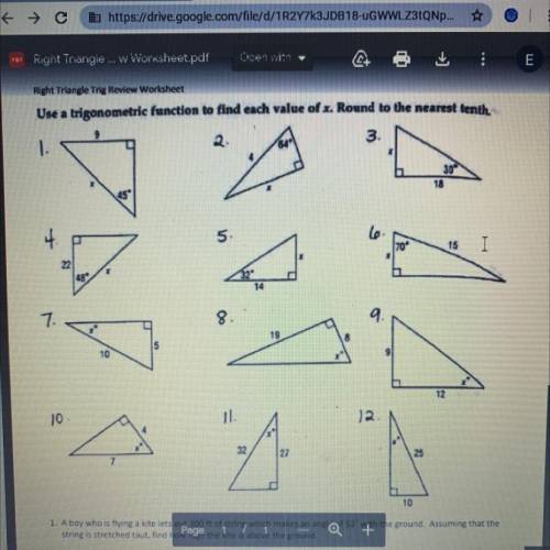 Right Triangle Trig Review Worksheet

Use a trigonometric function to find each value of x. Round