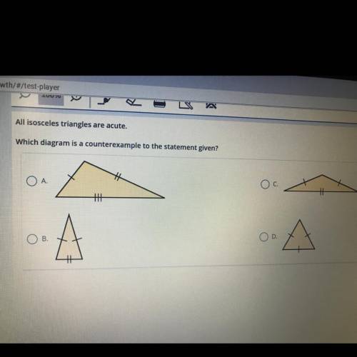 All isosceles triangles are acute.

Which diagram is a 
counterexample to the statement given?
