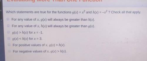 Which statements are true for the functions g(x) = x2 and h(x) = x2 ? Check all that apply. For any