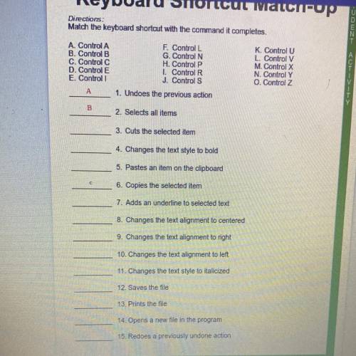 Keyboard Shortcut Match-Up

Directions:
Match the keyboard shortcut with the command it completes.