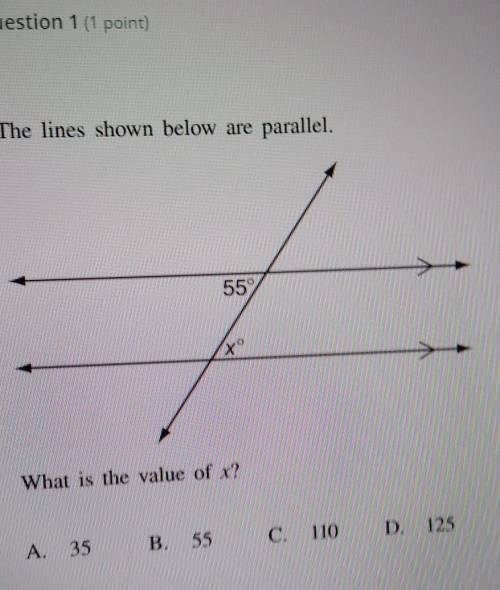 The lines shown below are parallel. 55°

xº What is the value of x?125 C. D. B. A 35 55