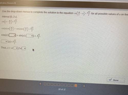 Use the drop-down menus to complete the solution to the equation cos( pi/2-x)=sqroot 3/2 for all po