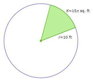 The radius of a circle is 10 feet. What is the angle measure of an arc bounding a sector with area