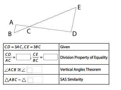 Given: CD = 3AC, CE = 3BC
Prove: triangleABC ~ triangleDEC
PLEASE HELP