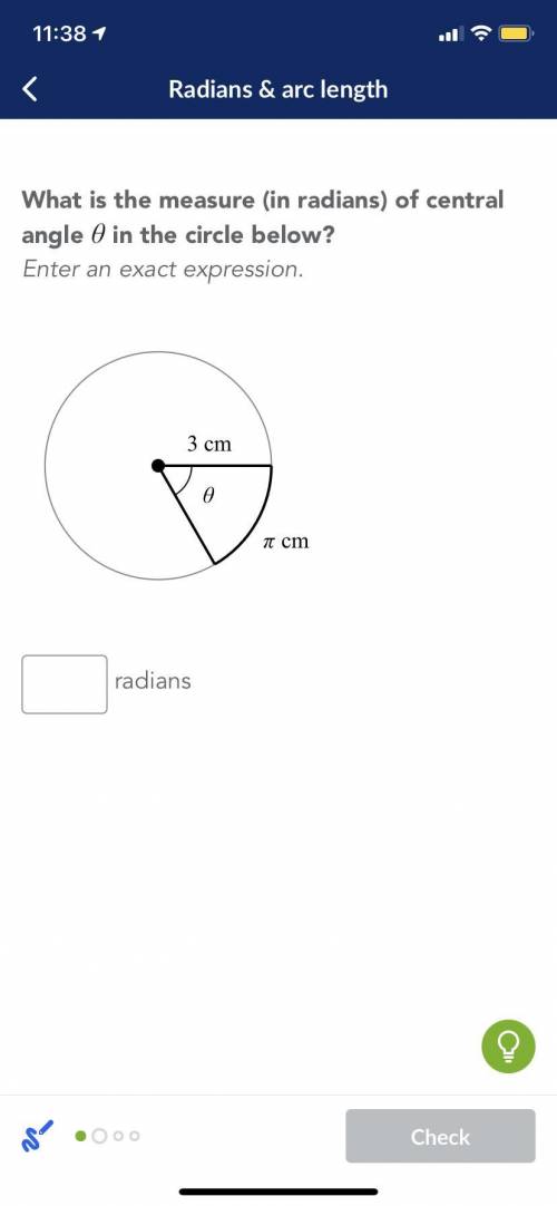 What is the measure (in radians) of central angle 0 in the circle below? Enter an exact expression.