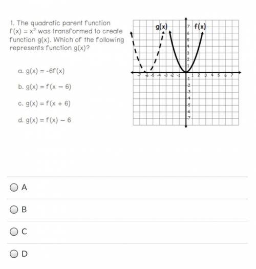 the quadratic parent function f(x)=x^2 was transformed to create function g(x). which of the follow